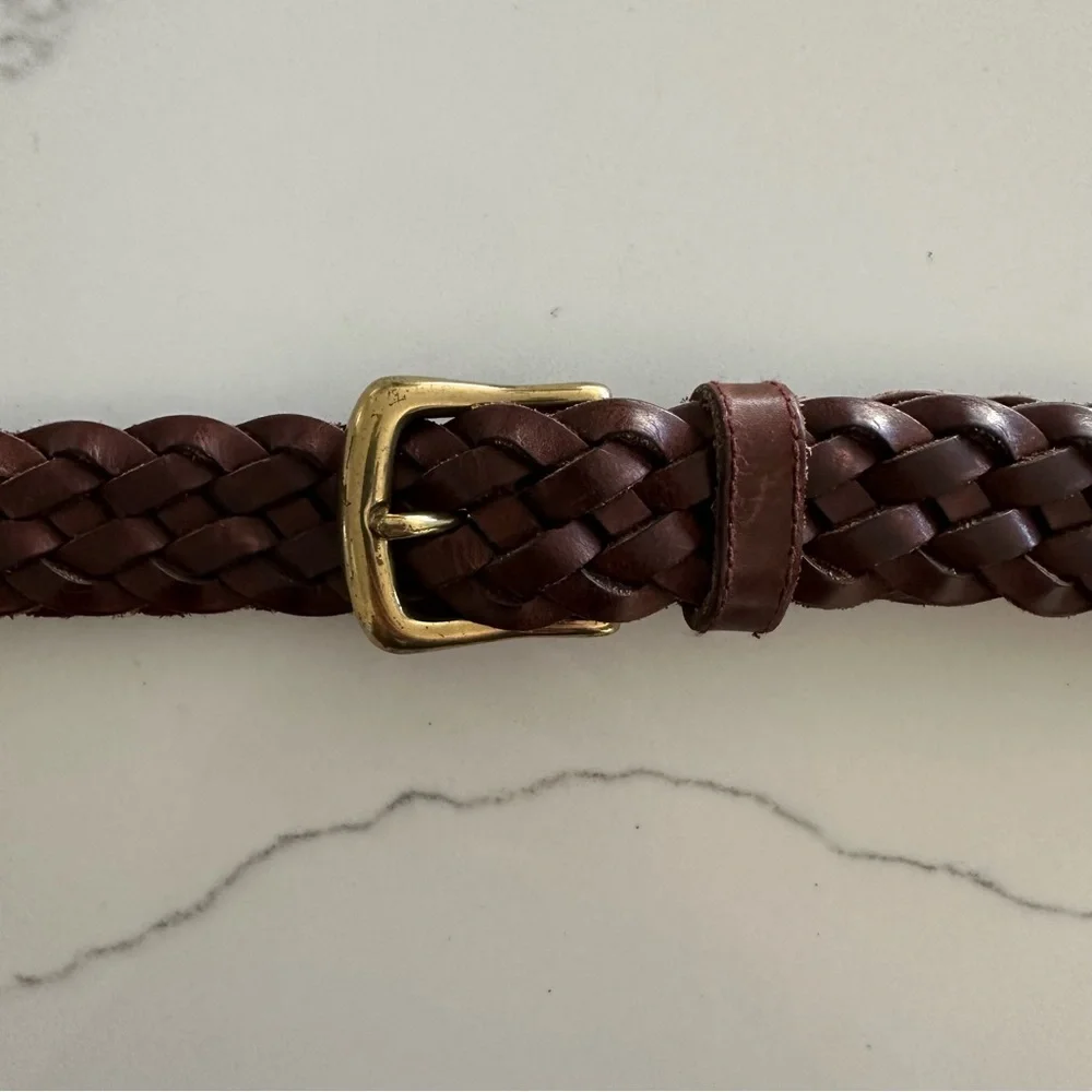 Vintage Braided Leather Belt with Rounded Square Brass Tone Buckle Dark Brown XL
